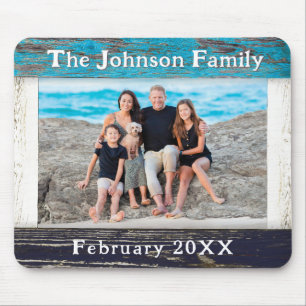 Rustikaler blauer Holzrahmen Familienname Foto Mousepad