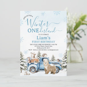 Rustikaler blauer LKW-Bär-Winter-Onederland-Geburt Einladung