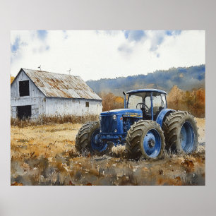 Rustikaler blauer Traktor weißes Bauernhaus Aquare Poster