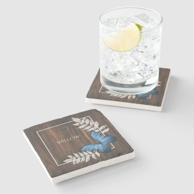 Rustikaler Blue Butterfly Personalisiert Stone Unt Steinuntersetzer (Seitenansicht)