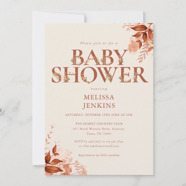 Rustikaler Blumenbrief Herbst Babydusche Einladung (Vorderseite)