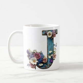 Rustikaler Blumenbuchstabe J Vintage Kaffeetasse
