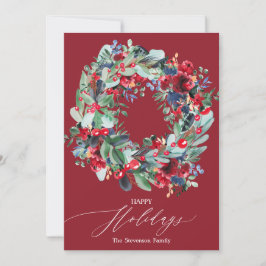 Rustikaler Blumenburgund Weihnachtskranz glücklich Feiertagskarte