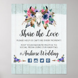 Rustikaler Blumenkuhschädel Boho-Hochzeit Hashtag- Poster