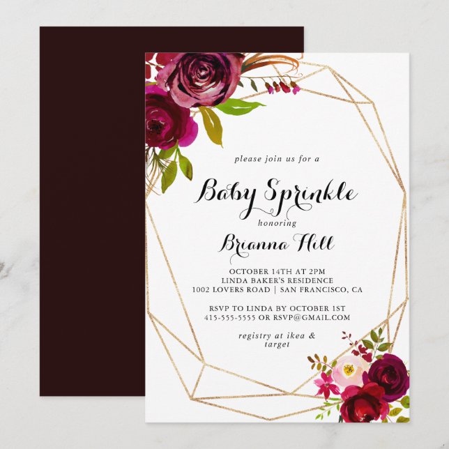 Rustikaler Blush Burgundy Bloral Baby Sprinkle Einladung (Vorne/Hinten)