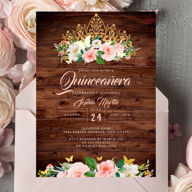 Rustikaler Blush Floral Tiara Quinceanera Folieneinladung (Von Creator hochgeladen)