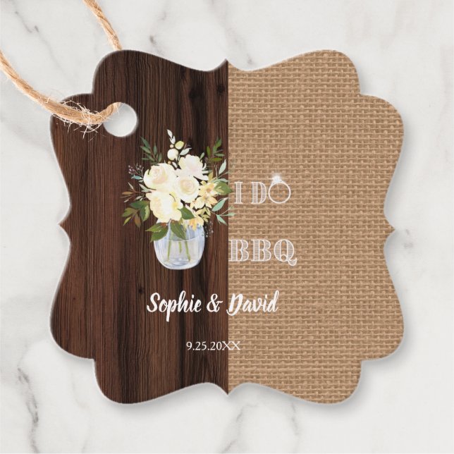 Rustikaler Blütenburlap alter Stall I DO Barbecue Geschenkanhänger (Vorderseite)
