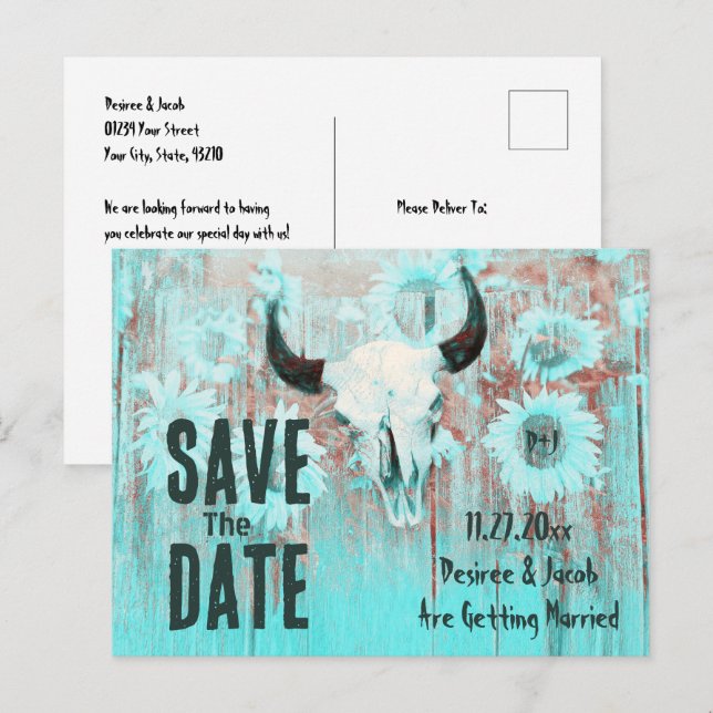 Rustikaler Boho Aquamariner Western Sonnenblumen K Ankündigungspostkarte (Vorne/Hinten)