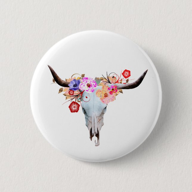 Rustikaler Boho BlumenLonghorn Schädel Button (Vorderseite)