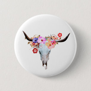 Rustikaler Boho BlumenLonghorn Schädel Button