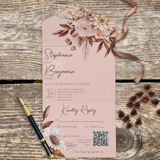 Rustikaler Boho Blush-Neutrals Blumenrosa QR-Code All In One Einladung (Von Creator hochgeladen)