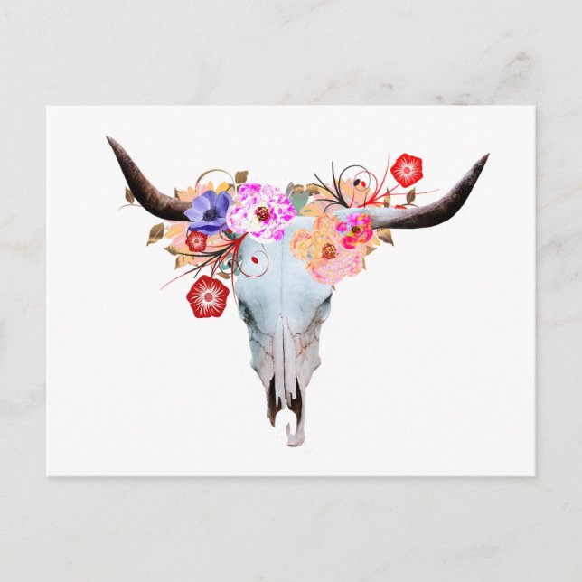 Rustikaler Boho Floral Longhorn Skull Postkarte (Vorderseite)