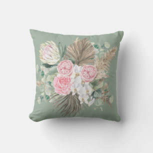 Rustikaler Boho Immergrün Rosa Floral Pampas Grünz Kissen