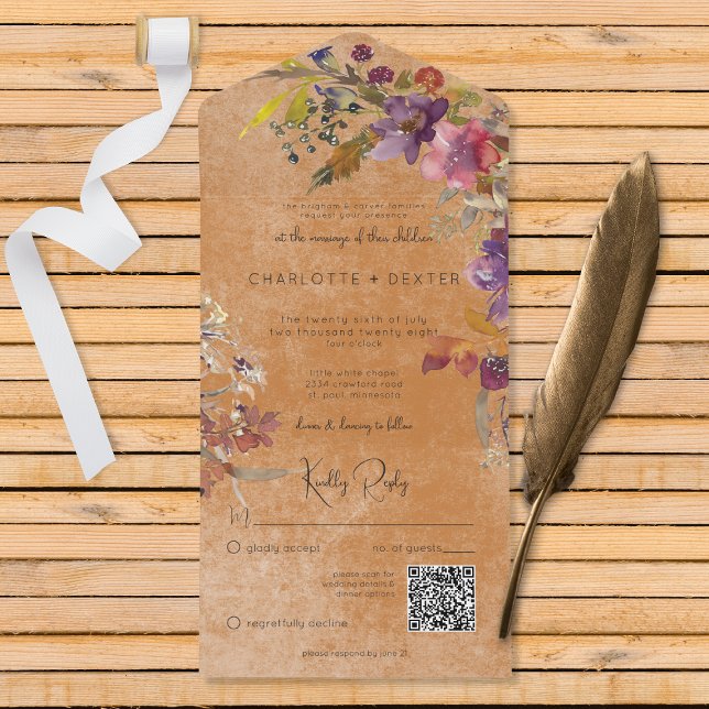 Rustikaler Boho Jewel Tone Rust Florals QR Code All In One Einladung (Also available without a QR code; with or without dinner selection options.)