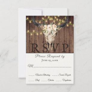 Rustikaler Boho Skull and Lights on Wood Wedding RSVP Karte