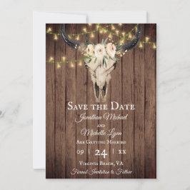 Rustikaler Boho Skull and Lights on Wood Wedding Save The Date