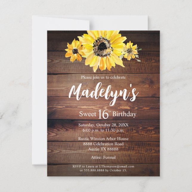 Rustikaler Boho Sonnenblumenholzstall Sweet 16 Geb Einladung (Vorderseite)