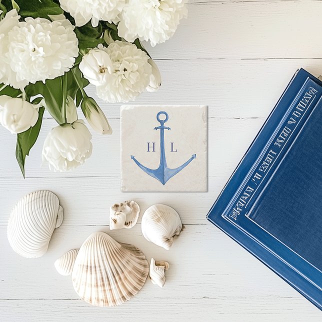 Rustikaler Bootanker Mit Monogramm Steinuntersetzer (rustic watercolor boat anchor monogrammed stone coaster)