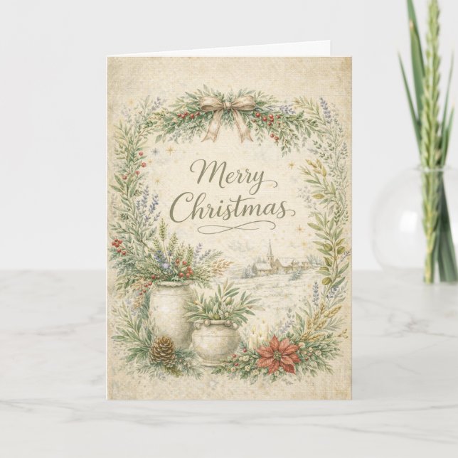 Rustikaler botanischer Kranz Frohe Weihnachten (Vorderseite)