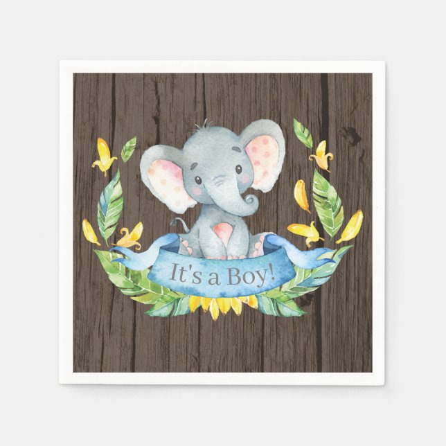 Rustikaler Boy Elephant Baby Dusche Blue Napkins Serviette (Vorderseite)