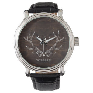 Rustikaler Brauner Antler Mit Monogramm Trauzeuge  Armbanduhr