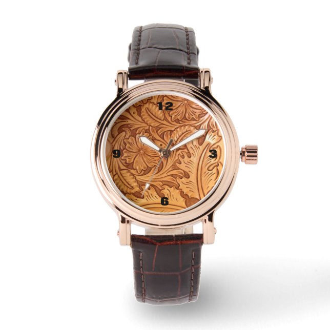 Rustikaler brauner Western aus geschliffenem Leder Armbanduhr (Vorderseite)