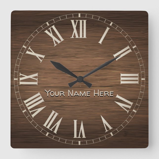 Rustikaler Braunholz-Individuelle Name Quadratische Wanduhr (Vorderseite)