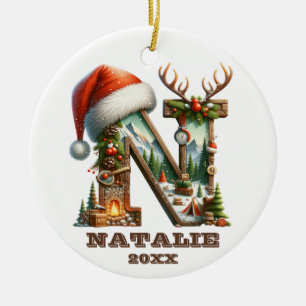 Rustikaler Buchstabe N mit festlicher Winterlandsc Keramik Ornament