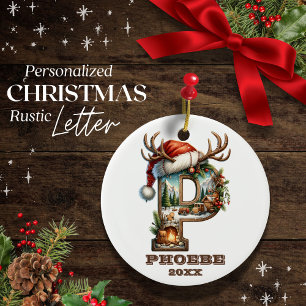 Rustikaler Buchstabe P mit festlicher Winterkabine Keramik Ornament