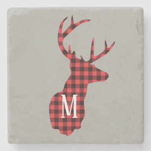 Rustikaler Buffalo Kariert Deer Monogram Stone Unt Steinuntersetzer