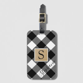Rustikaler Buffalo Kariert Monogram Name Schwarz-w Gepäckanhänger