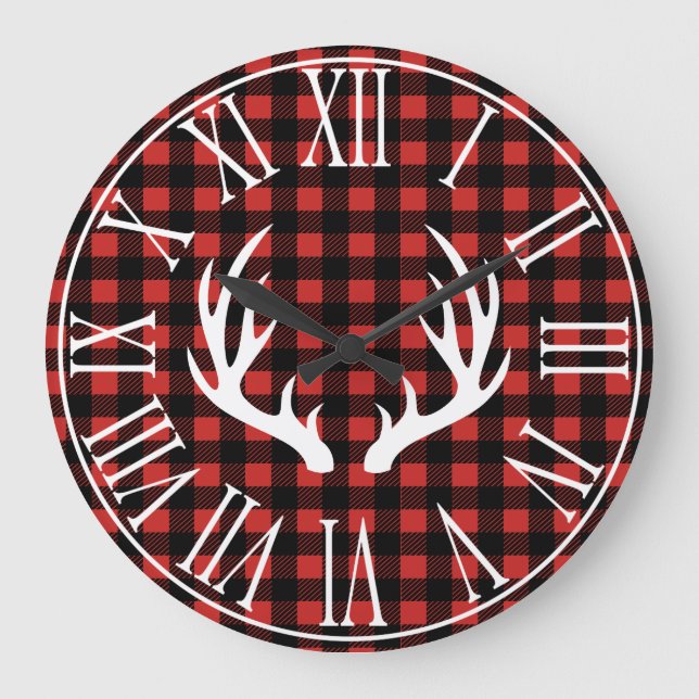 Rustikaler Buffalo Karo Kariert & White Deer Antle Große Wanduhr (Vorderseite)