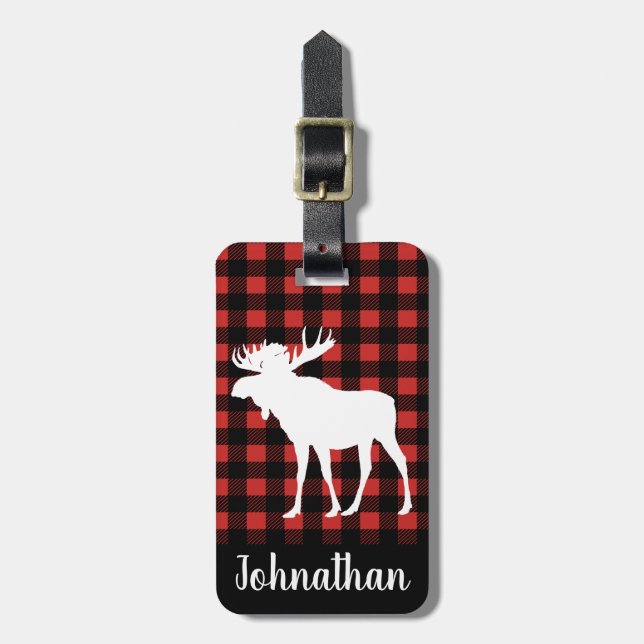 Rustikaler Büffel-Karo-karierte u. weiße Elche Gepäckanhänger (Vorderseite vertikal)