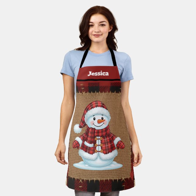 Rustikaler Büffelkariert-Schneemann mit individuel Schürze (Getragen)