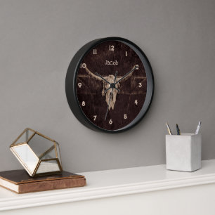 Rustikaler Bullenschädel Western Landhausstil Brau Uhr