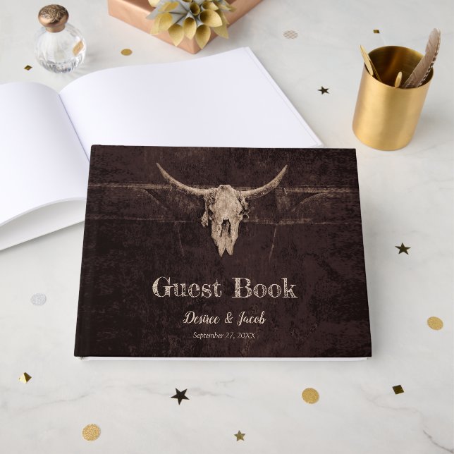 Rustikaler Bullskull Hochzeit Land Western Textur Gästebuch (Vorderseite Offen)