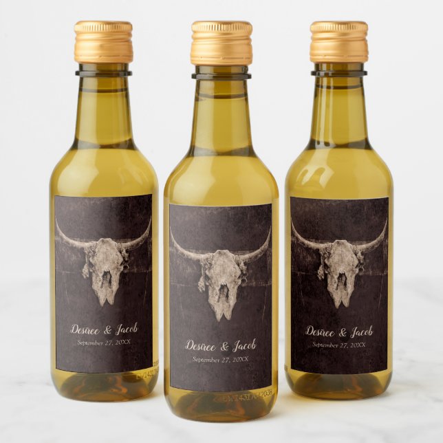 Rustikaler Bullskull Hochzeit Land Western Textur Weinetikett (Flaschen)
