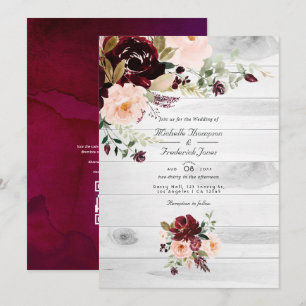 Rustikaler Burgund-Blush-Floral QR-Code Hochzeit Einladung