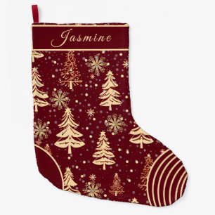 Rustikaler Burgund & Gold Weihnachten Strumpf Großer Weihnachtsstrumpf