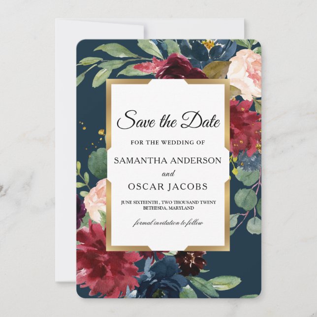 Rustikaler Burgund- und Navy-Floral-Gold-Rahmen Save The Date (Vorderseite)