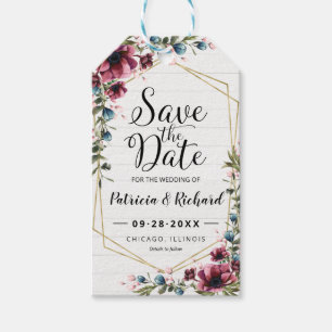 Rustikaler Burgunder-Blumen-Hochzeit-Save-The-Date Geschenkanhänger