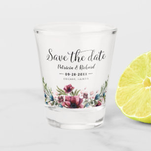 Rustikaler Burgunder-Blumen-Hochzeit-Save-The-Date Schnapsglas