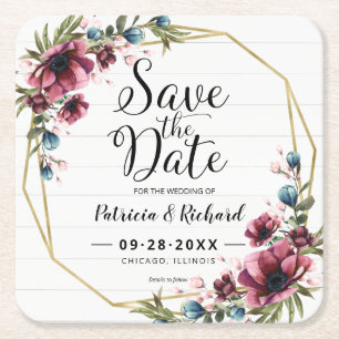 Rustikaler Burgunder-Blumen-Save-the-Date-Einladun Rechteckiger Pappuntersetzer