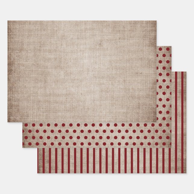 Rustikaler Burlap Burgundy Polka Dots Streifen fes Geschenkpapier Set (Set)