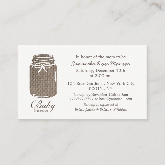Rustikaler Burlap, Mason Jar Baby Shower Ticket Ei Begleitkarte (Vorderseite)