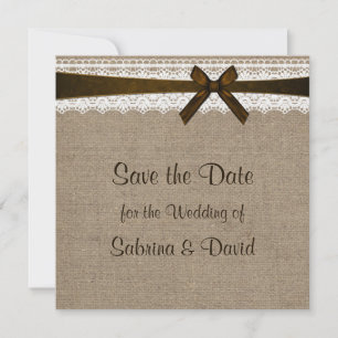 Rustikaler Burlap und Vintage Spitzen Save the Dat Save The Date