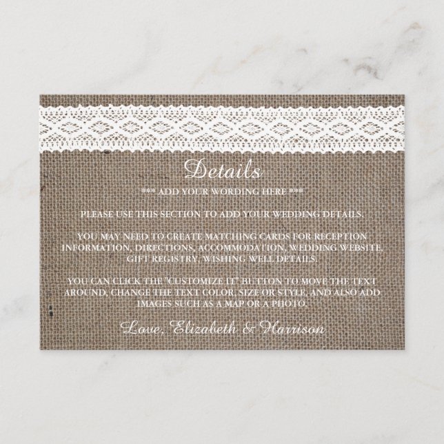 Rustikaler Burlap & Vintage White Lace Hochzeit De Begleitkarte (Vorderseite)
