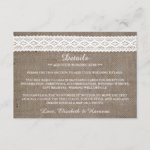 Rustikaler Burlap & Vintage White Lace Hochzeit De Begleitkarte