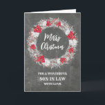 Rustikaler Chalkboard Sohn im Gesetz Frohe Weihnac Karte<br><div class="desc">Frohe Weihnachten für Sohn in der Rechtskarte mit rustikalem Country Chalkboard Muster und schneebedeckten Kranz mit Poinsettias.</div>