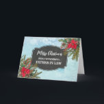 Rustikaler Chalkboard Vater im Gesetz frohe Weihna Karte<br><div class="desc">Fröhliche Weihnachten für den Vater in der Rechtskarte mit rustikalem Landkreidemuster und Winterfolien mit Poinsettias.</div>